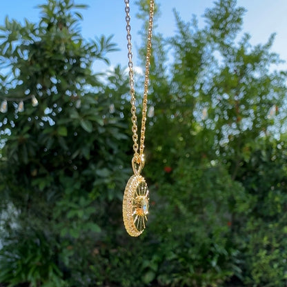 Oval Burst CZ Disc Pendant Necklace