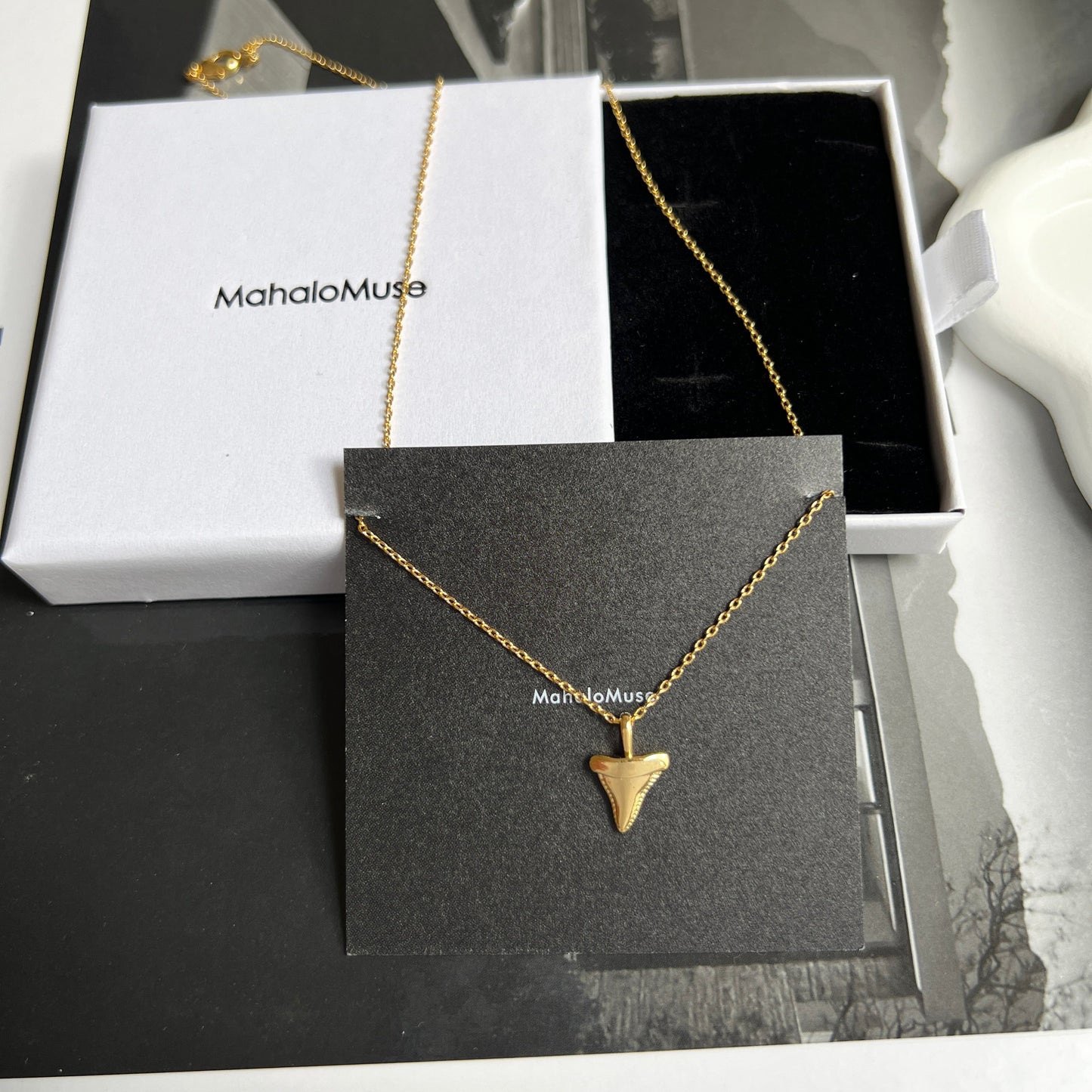 Shark Tooth Shape Pendant Necklace 18K Gold Dipped