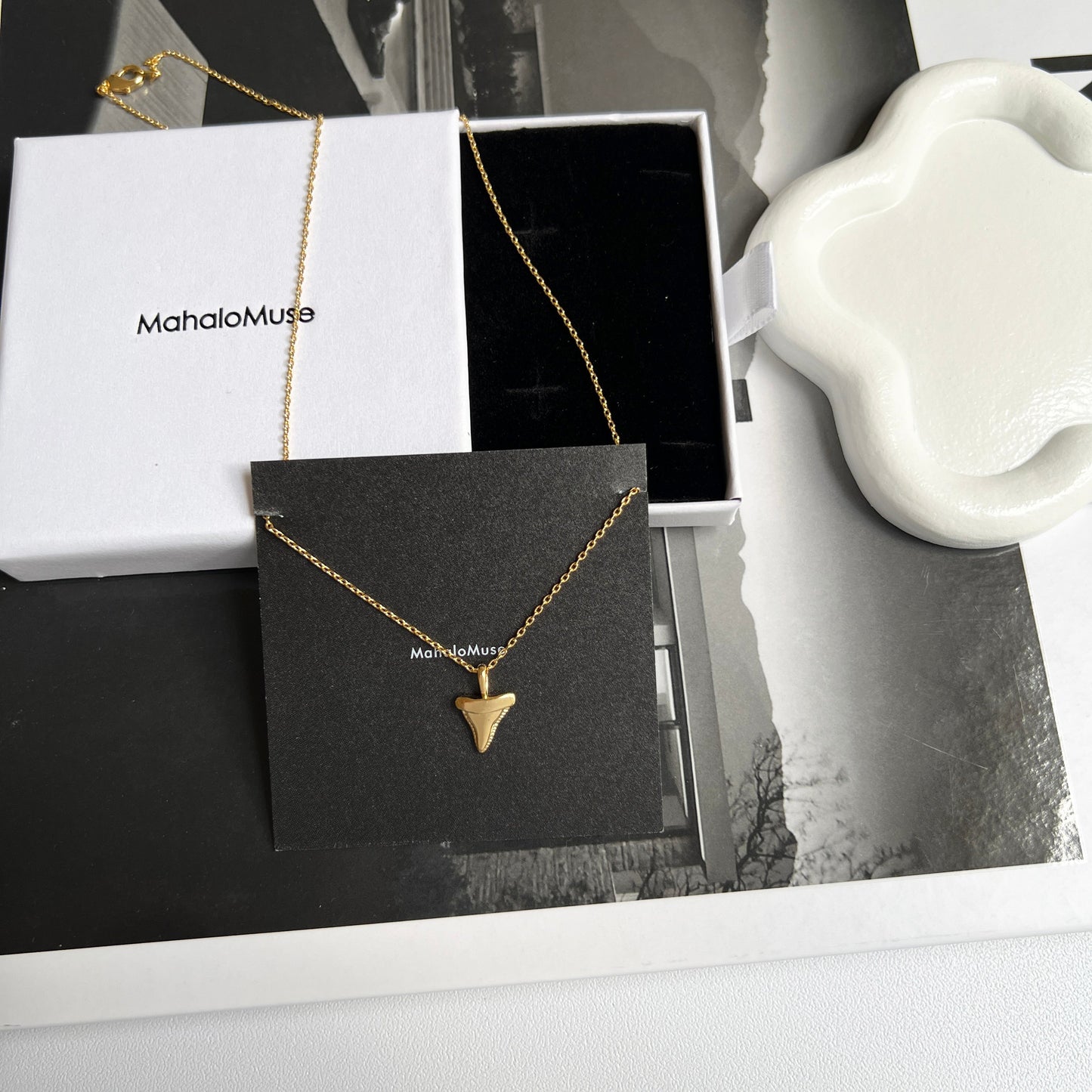 Shark Tooth Shape Pendant Necklace 18K Gold Dipped