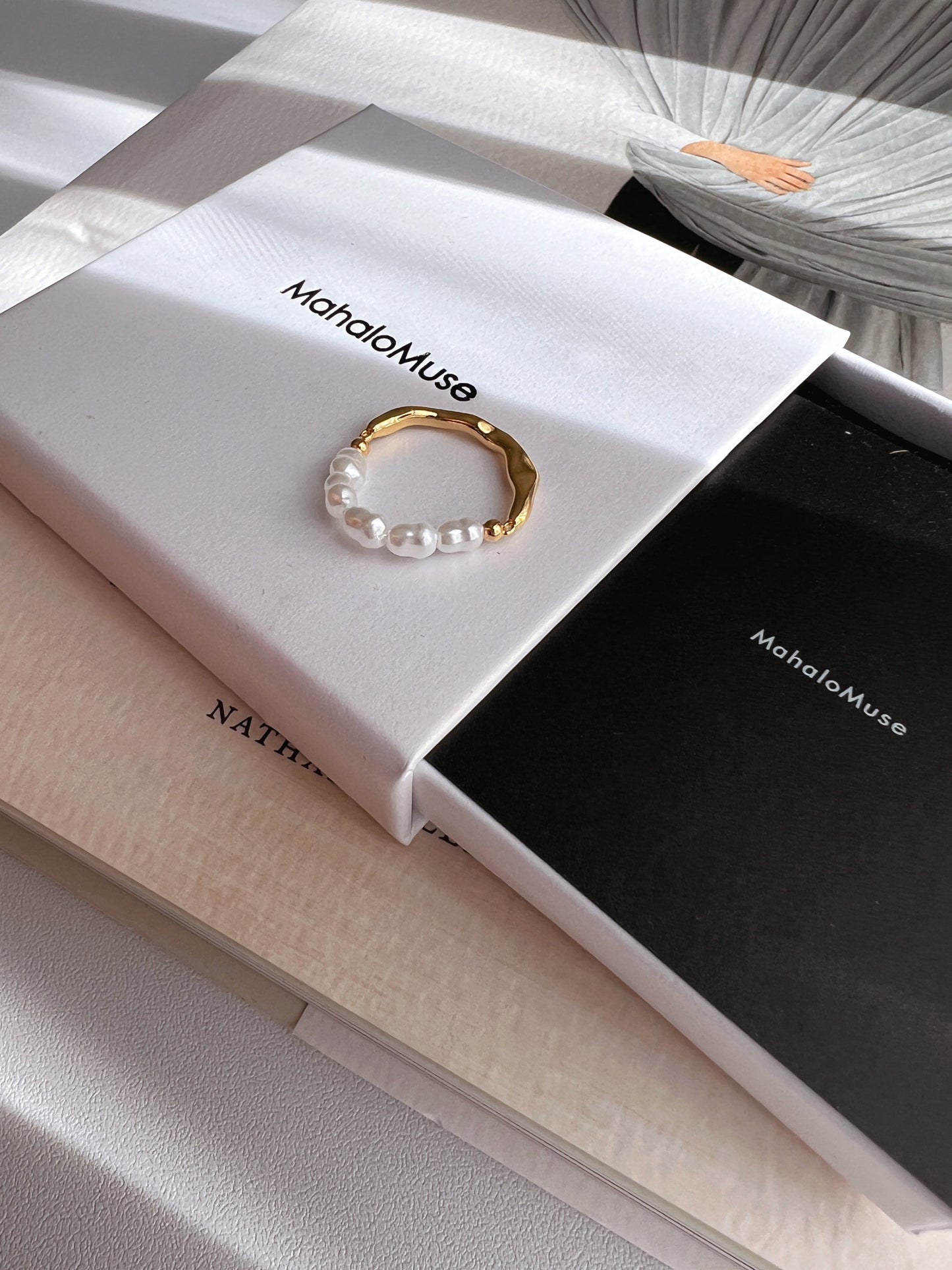 Half Gold Band Half Pearl Beaded Stretch Ring