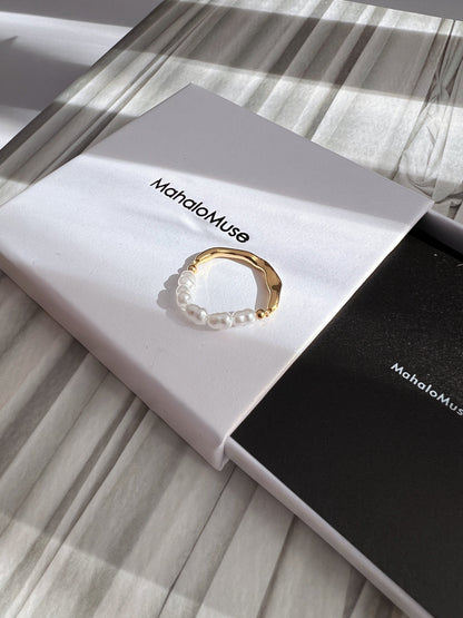 Half Gold Band Half Pearl Beaded Stretch Ring