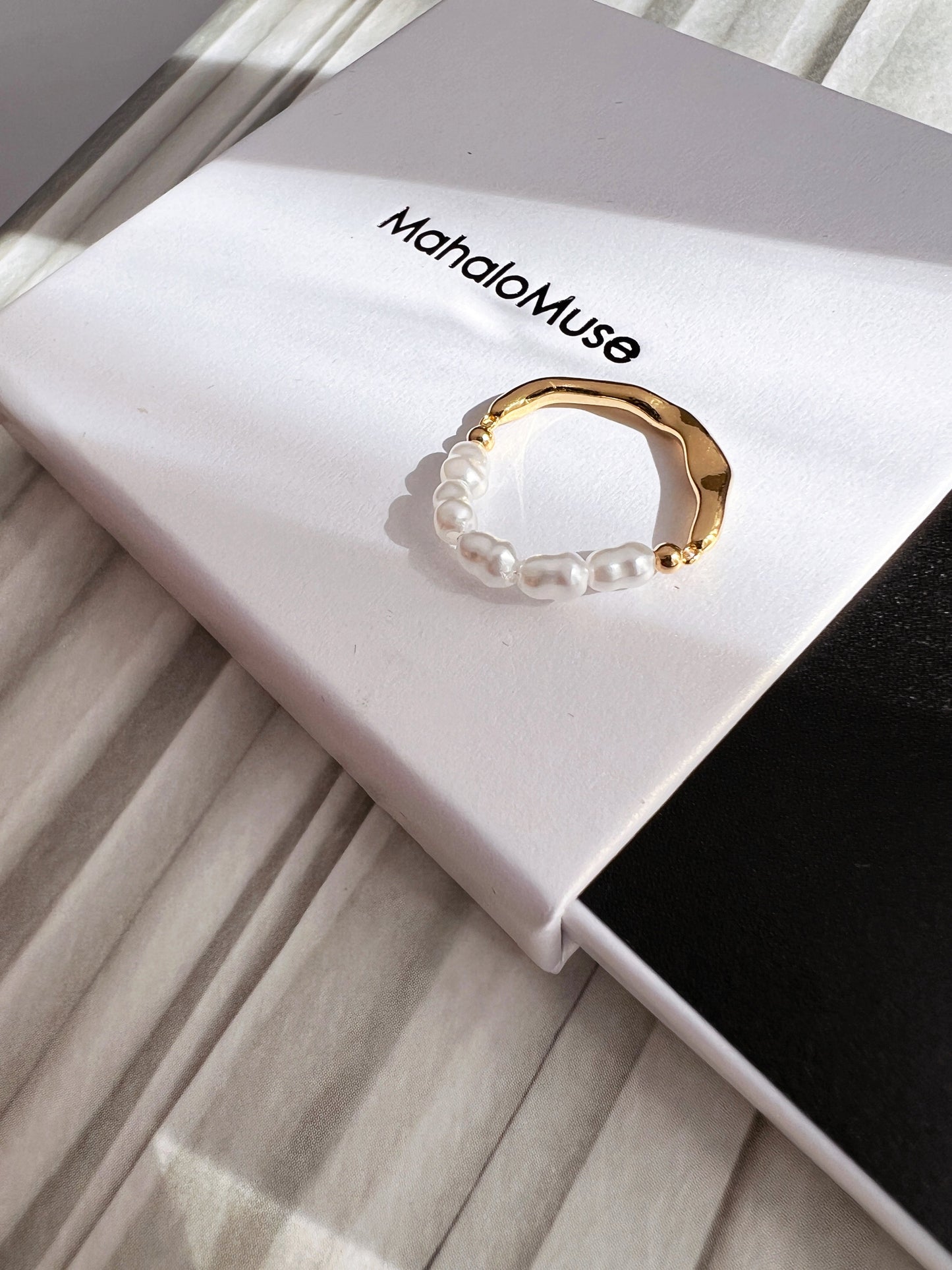 Half Gold Band Half Pearl Beaded Stretch Ring