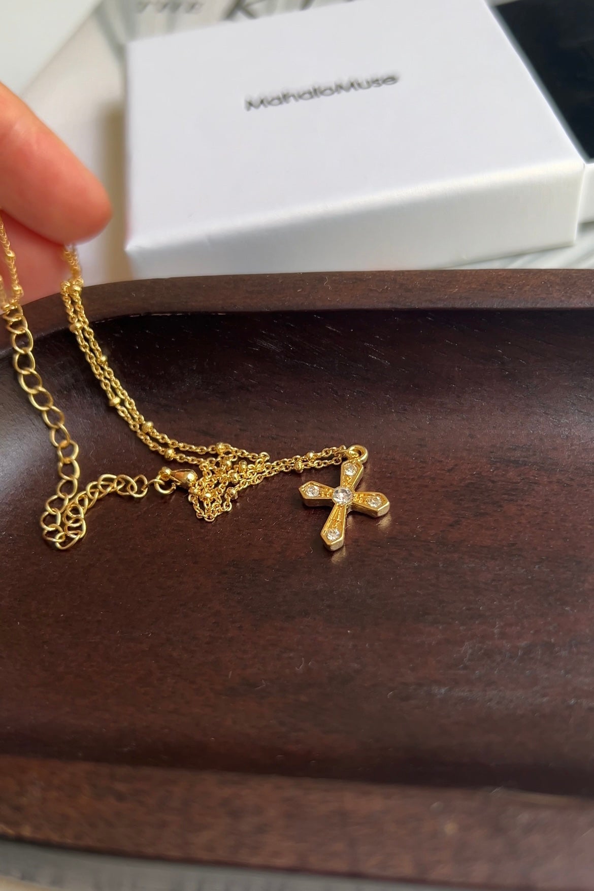 Cross CZ Dot Ball Bead Station Chain Necklace