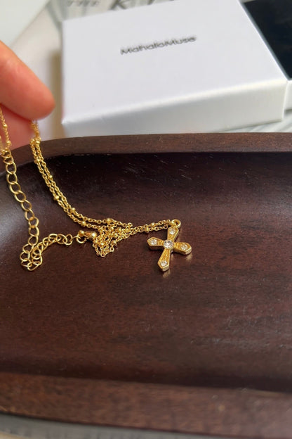 Cross CZ Dot Ball Bead Station Chain Necklace