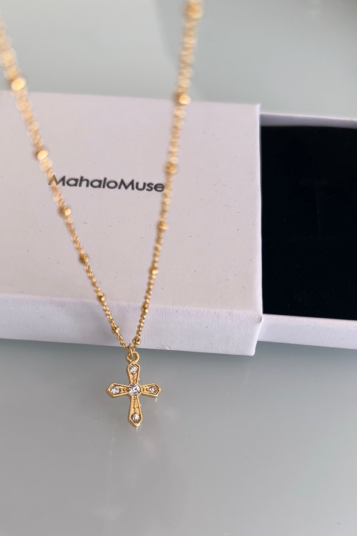Cross CZ Dot Ball Bead Station Chain Necklace