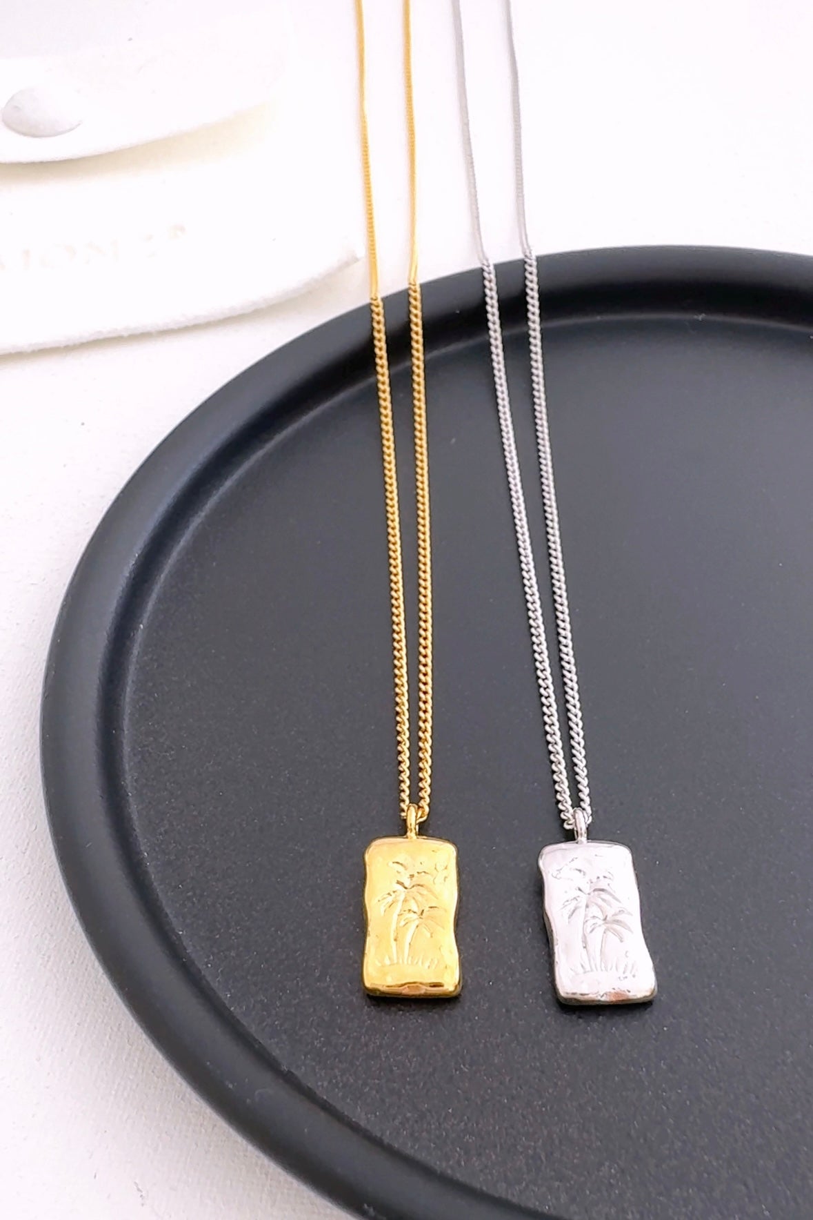 Rectangle Palm Tree Engraved Pendant Necklace