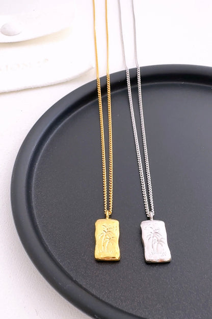 Rectangle Palm Tree Engraved Pendant Necklace