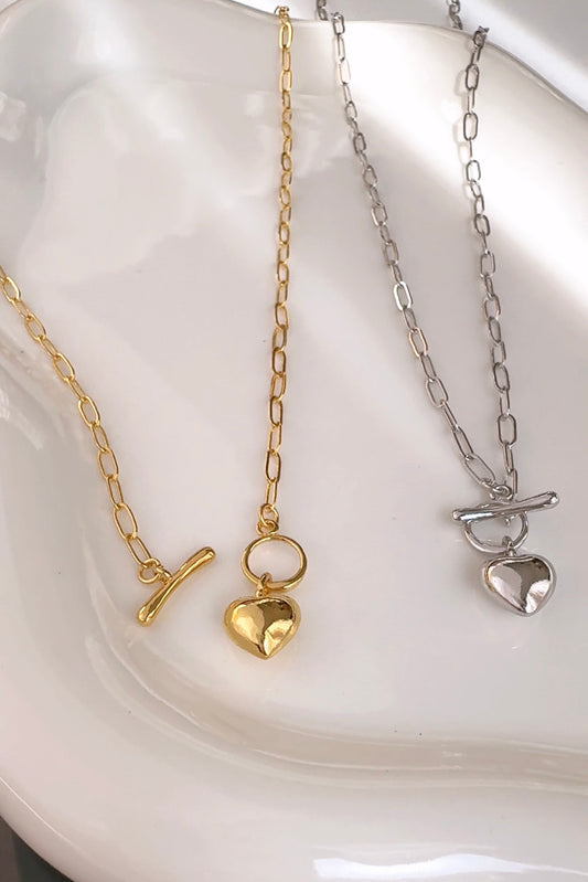 Puff Heart T Bar Toggle Closure Pendant Necklace