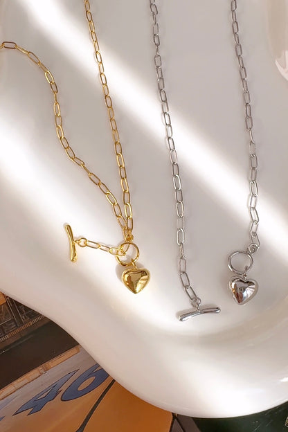 Puff Heart T Bar Toggle Closure Pendant Necklace