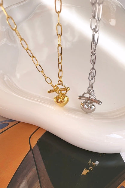 Puff Heart T Bar Toggle Closure Pendant Necklace