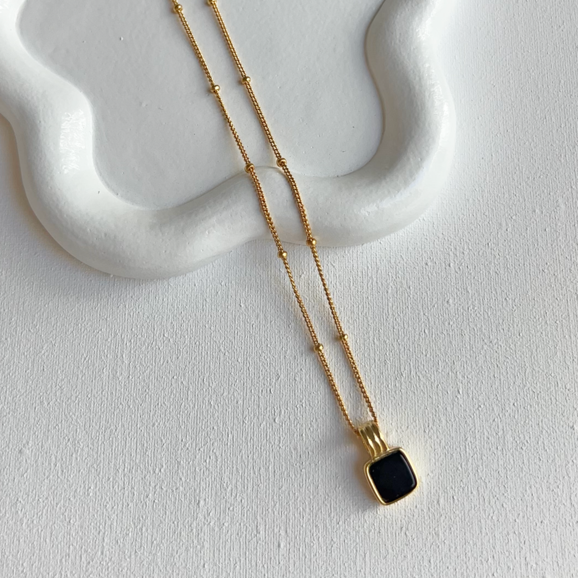 Onyx Black Square Pendant Station Ball Chain Necklace