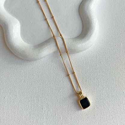 Onyx Black Square Pendant Station Ball Chain Necklace