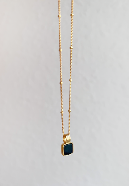 Onyx Black Square Pendant Station Ball Chain Necklace