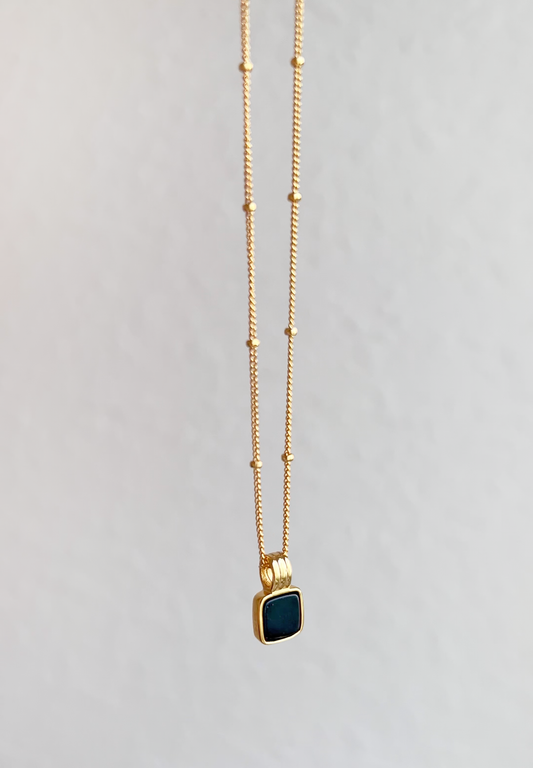 Onyx Black Square Pendant Station Ball Chain Necklace