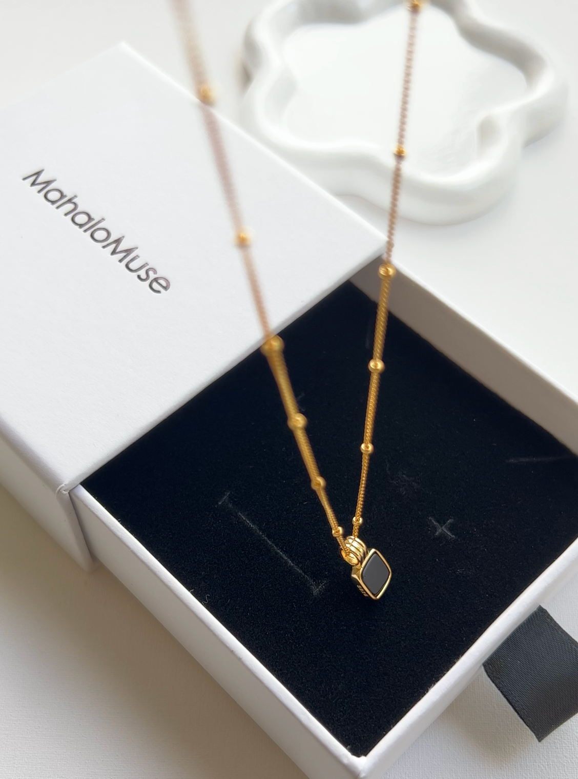 Onyx Black Square Pendant Station Ball Chain Necklace
