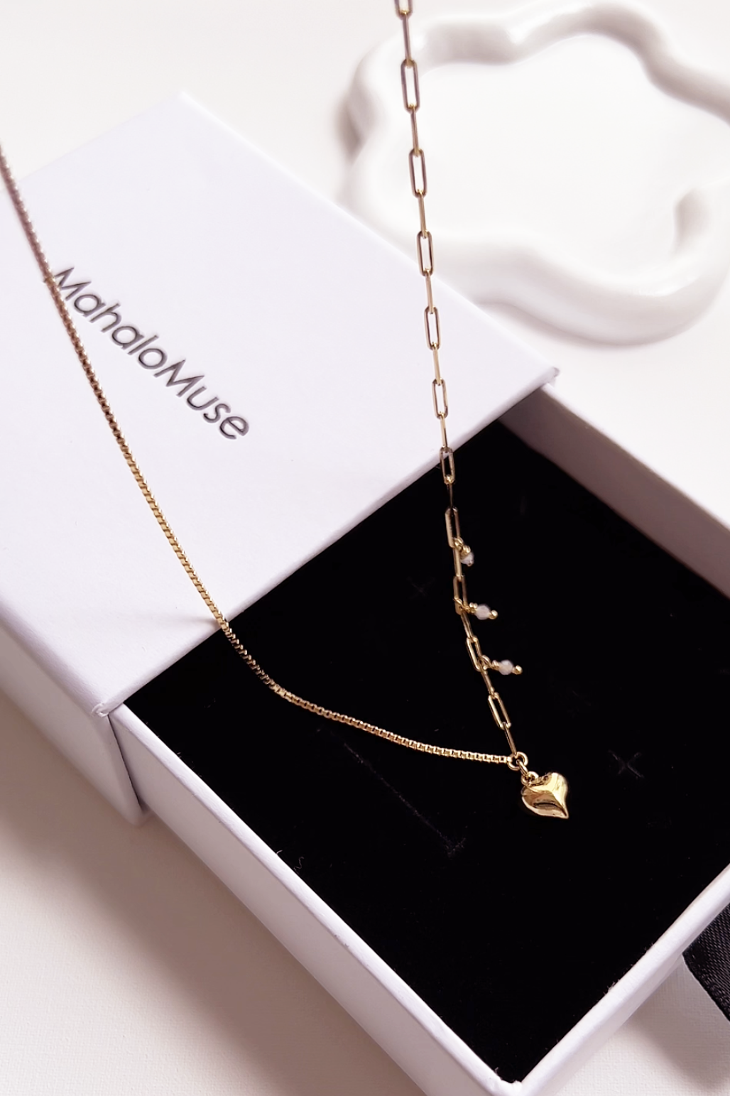 Half Box Chain Half Paperclip Chain Bold Heart Pendant Necklace