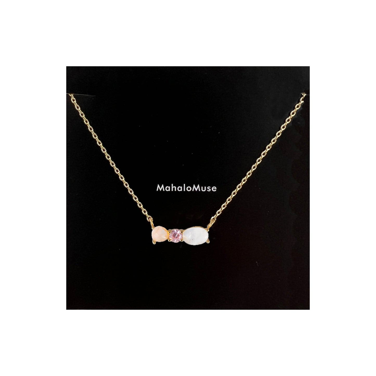 Gemstone Pink Cubic 3 Studs Bar Pendant Necklace