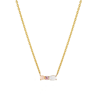 Gemstone Pink Cubic 3 Studs Bar Pendant Necklace