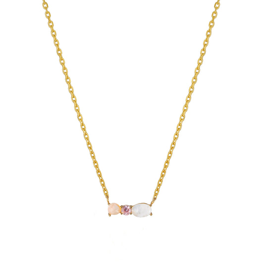 Gemstone Pink Cubic 3 Studs Bar Pendant Necklace