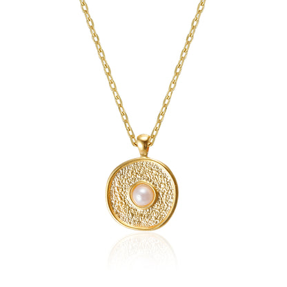 Textured Medallion Disc Pearl Stud Necklace