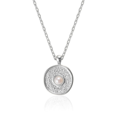 Textured Medallion Disc Pearl Stud Necklace