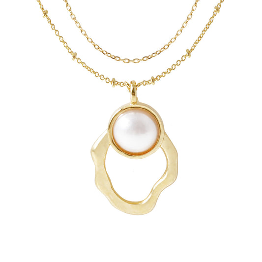 2 Chain Hollow Oval Pearl Necklace