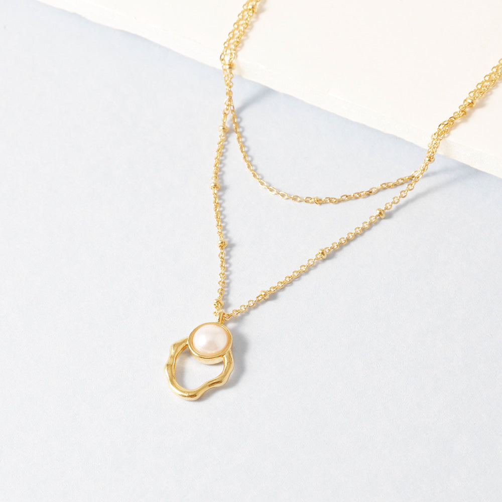 2 Chain Hollow Oval Pearl Necklace