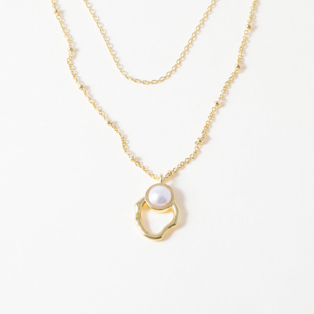 2 Chain Hollow Oval Pearl Necklace