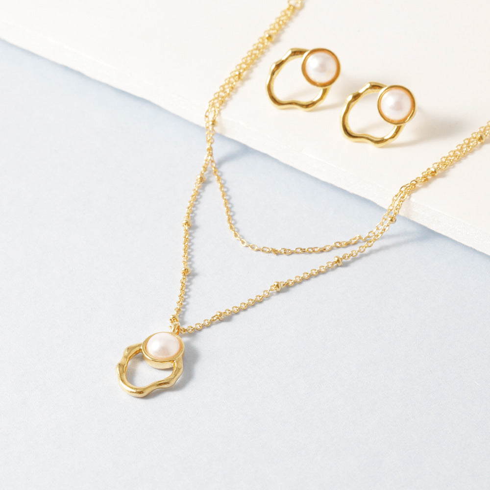 2 Chain Hollow Oval Pearl Necklace