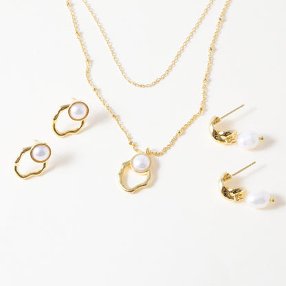 2 Chain Hollow Oval Pearl Necklace