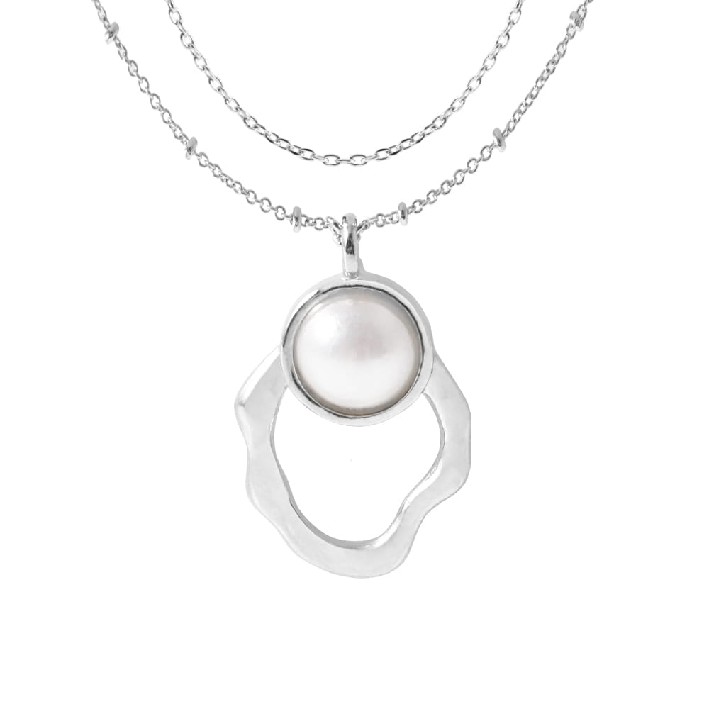 2 Chain Hollow Oval Pearl Necklace