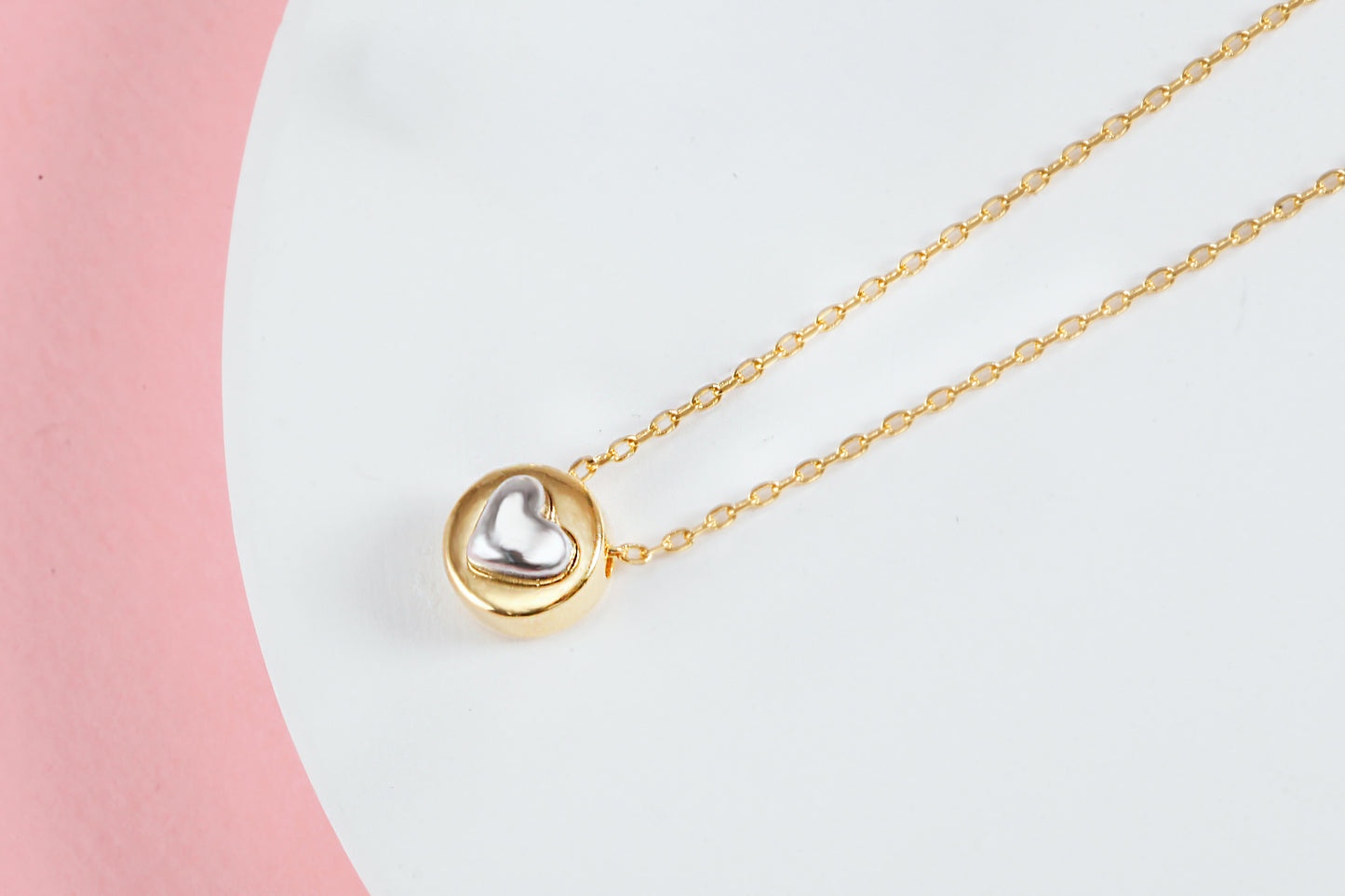 Two Tone Heart Tiny Disc Pendant Necklace