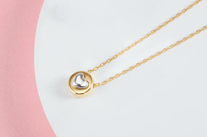 Two Tone Heart Tiny Disc Pendant Necklace