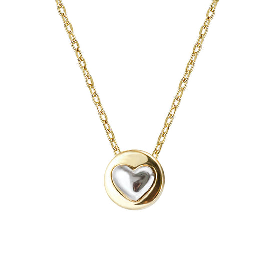 Two Tone Heart Tiny Disc Pendant Necklace
