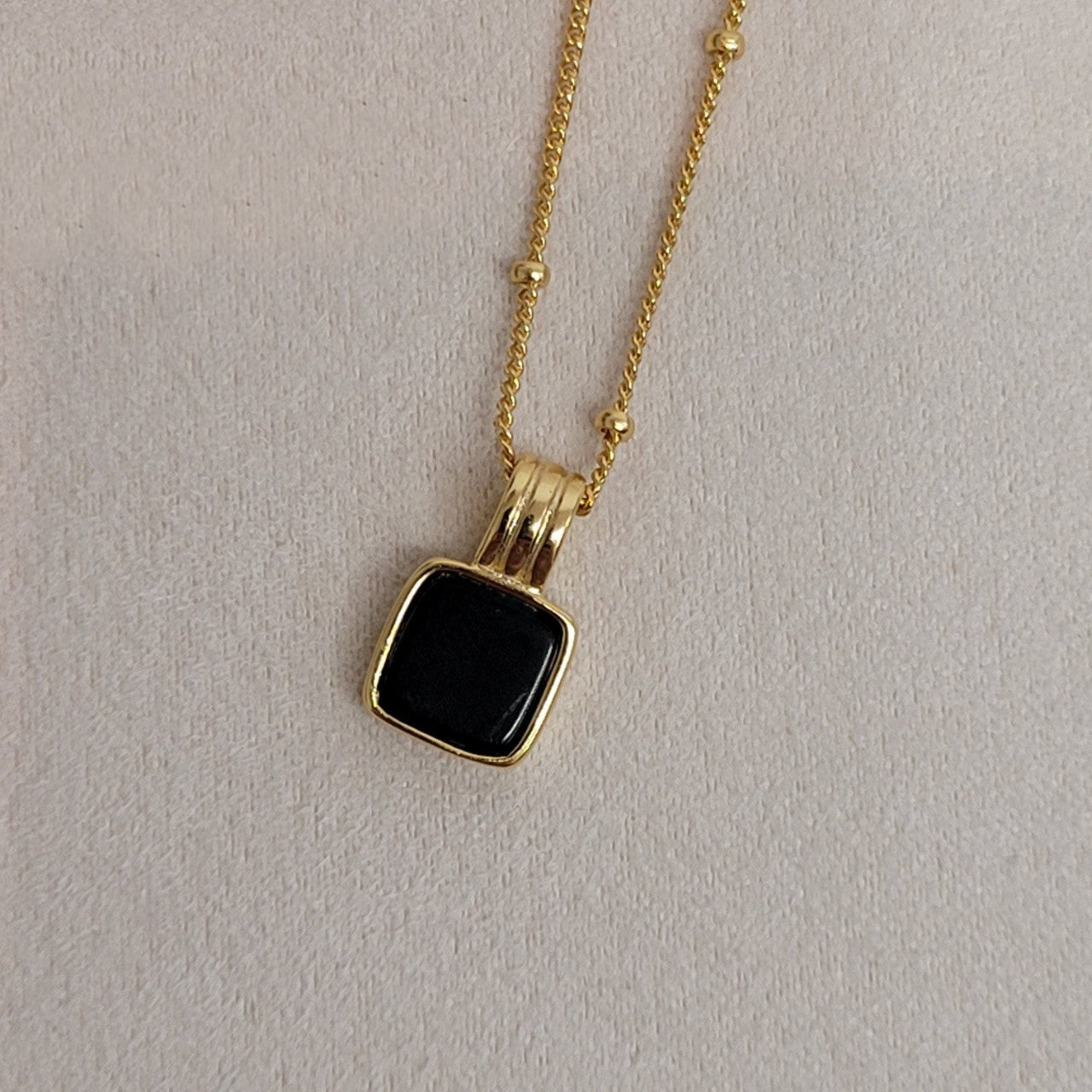 Onyx Black Square Pendant Station Ball Chain Necklace