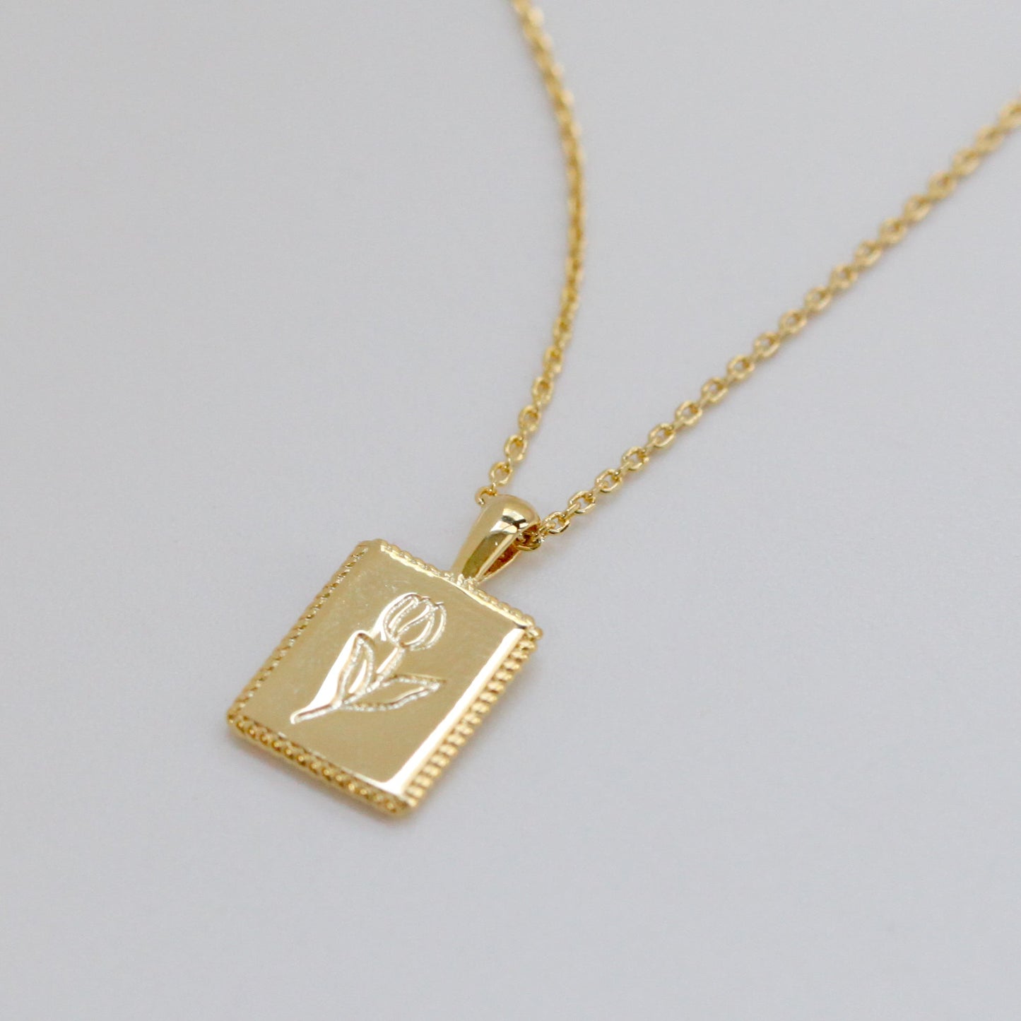 Flower Engraved Square Charm Necklace