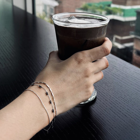 Double Mini Black Spinel Stone Station 925 Bracelet