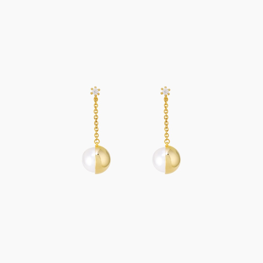 CZ Stud Thread Chain Freshwater Pearl Half Ball Earrings