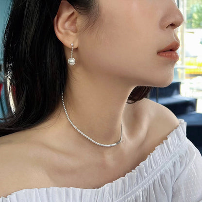 CZ Stud Thread Chain Freshwater Pearl Half Ball Earrings