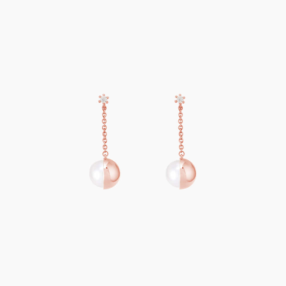 CZ Stud Thread Chain Freshwater Pearl Half Ball Earrings