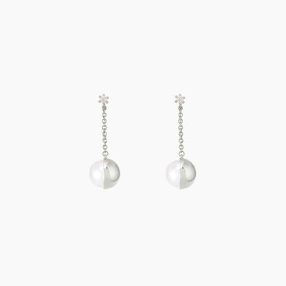 CZ Stud Thread Chain Freshwater Pearl Half Ball Earrings