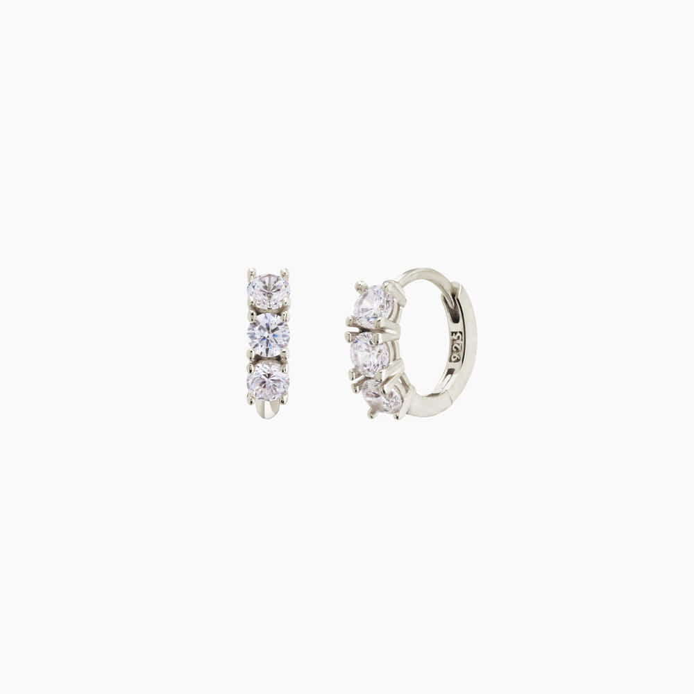 3 Cubic Zirconia Bezel 925 Silver Hoop Earrings