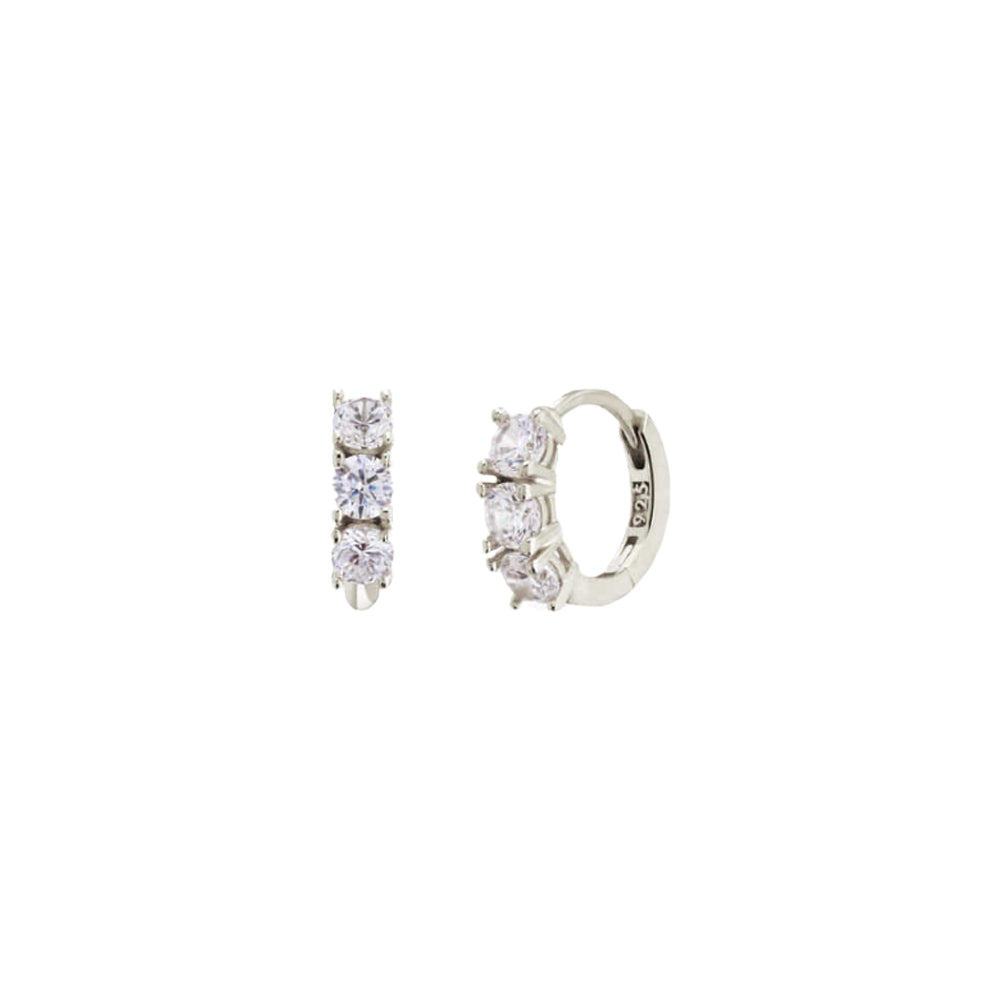 3 Cubic Zirconia Bezel 925 Silver Hoop Earrings