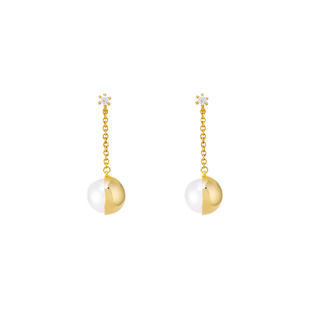 CZ Stud Thread Chain Freshwater Pearl Half Ball Earrings