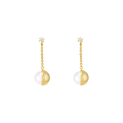 CZ Stud Thread Chain Freshwater Pearl Half Ball Earrings