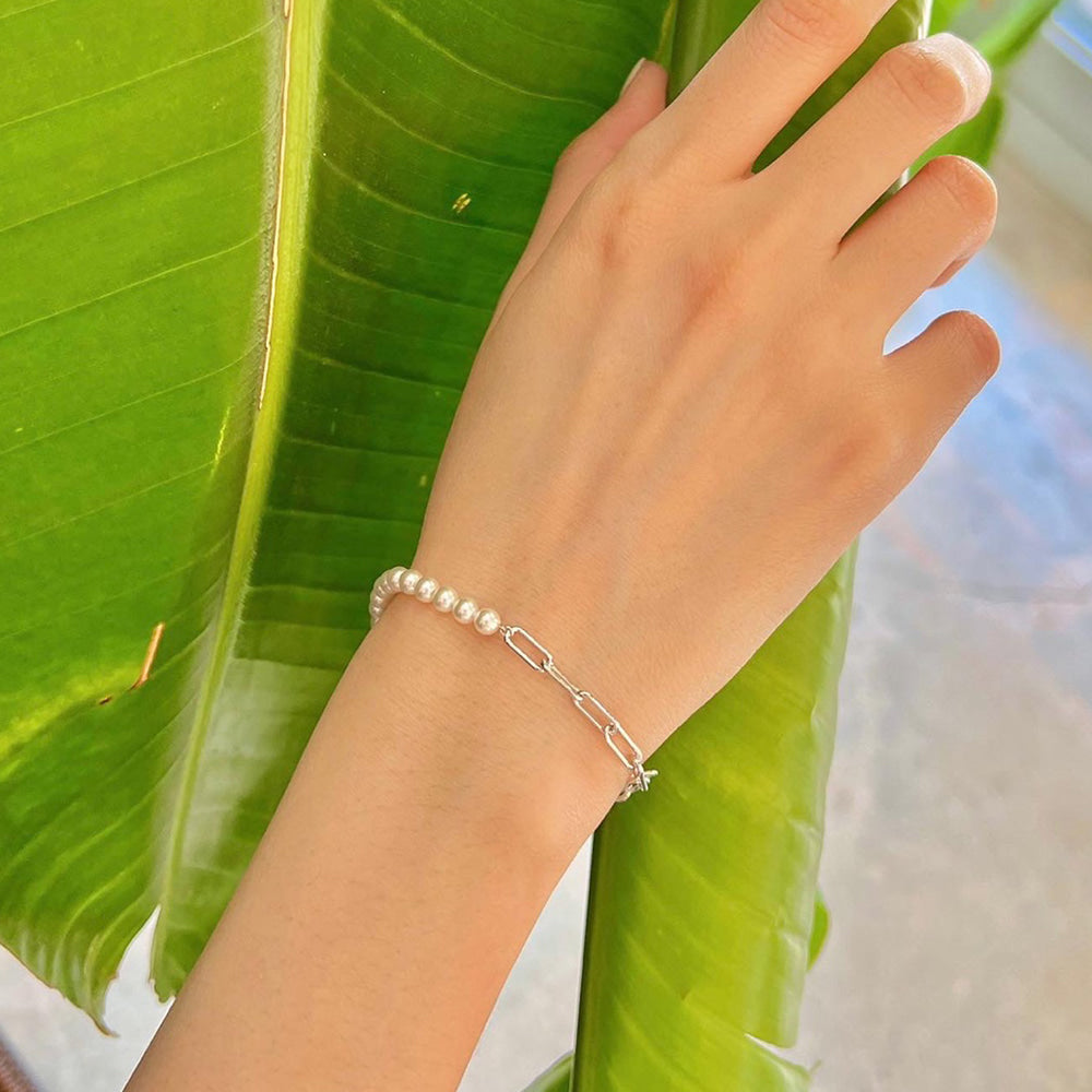 Half Paperclip Link Chain Half Pearl Bracelet