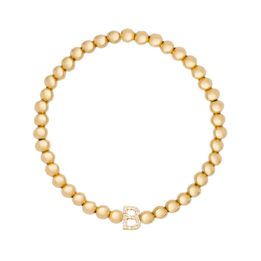 Gold Ball Beaded Bracelet Initial Cubic Zirconia