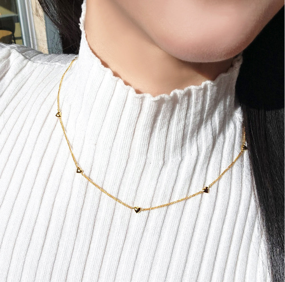 Mini Heart Station Vine Chain Necklace Solid Silver