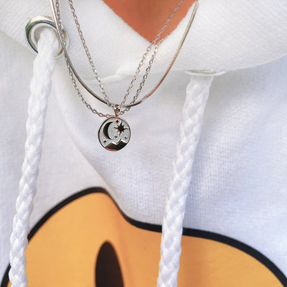 Tiny Crescent Moon Star Charm Necklace
