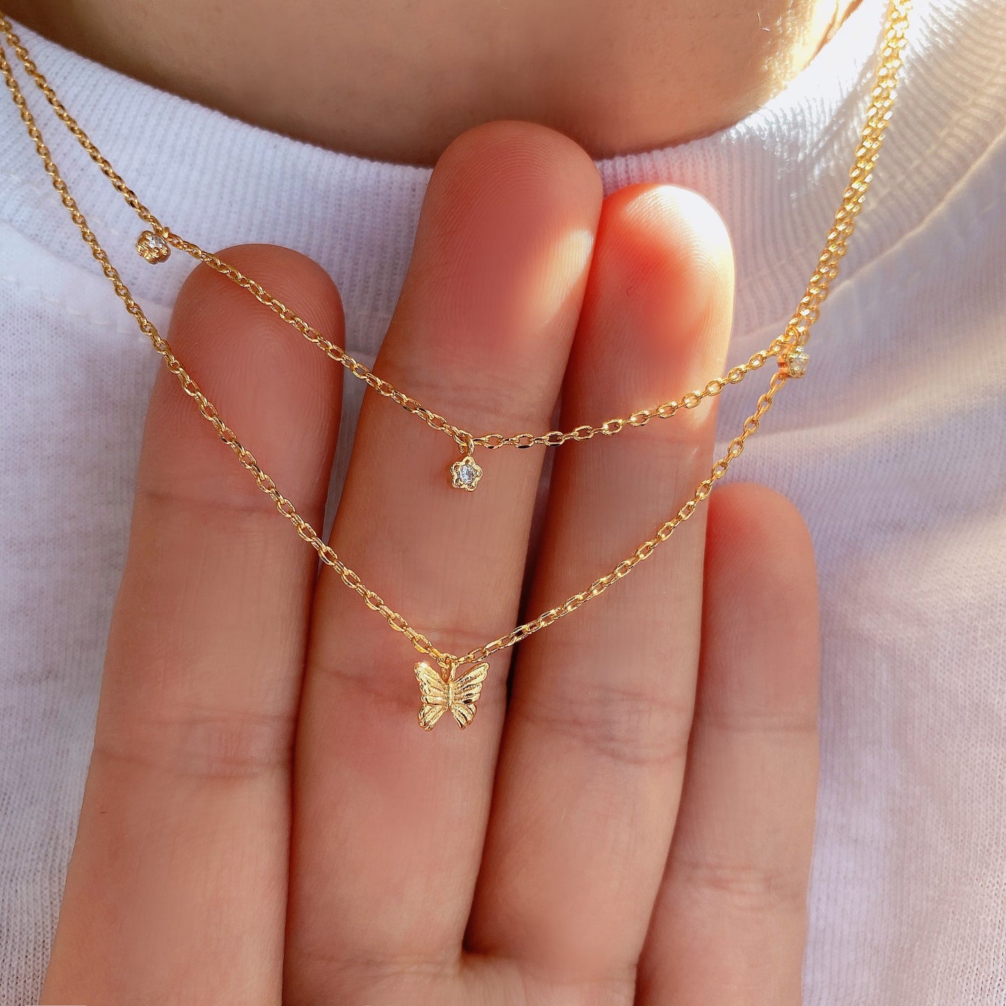 Layered Necklace Set Butterfly CZ Tiny Charm